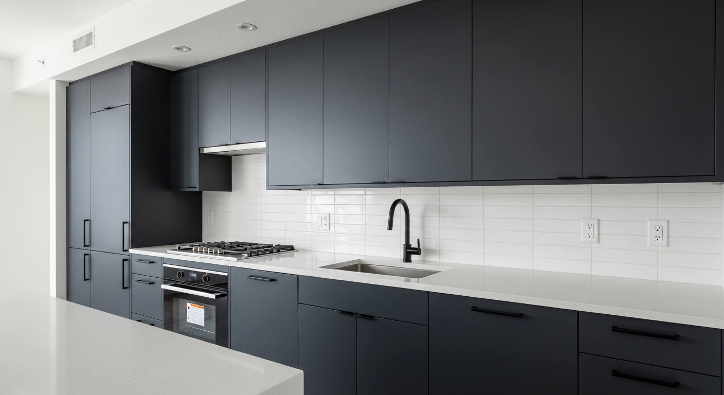 Dark flat-panel kitchen cabinets in a Boston apartment — perfect for vinyl wrapping