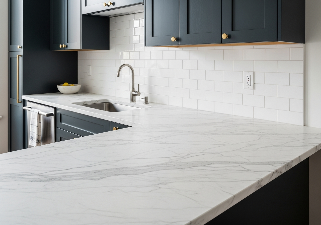 White granite countertop film wrap in Charlotte NC kitchen
