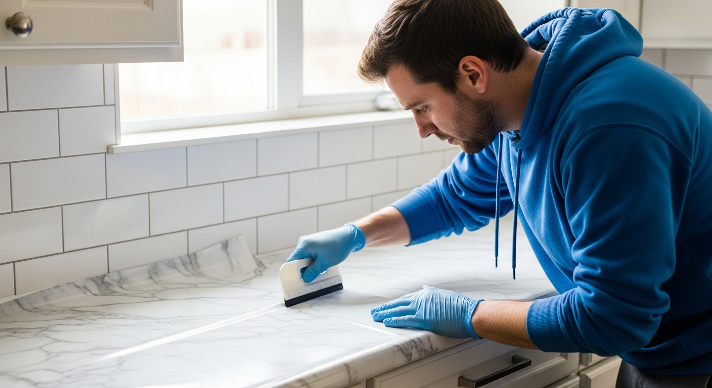 Marble-look countertop wrap in NYC kitchen