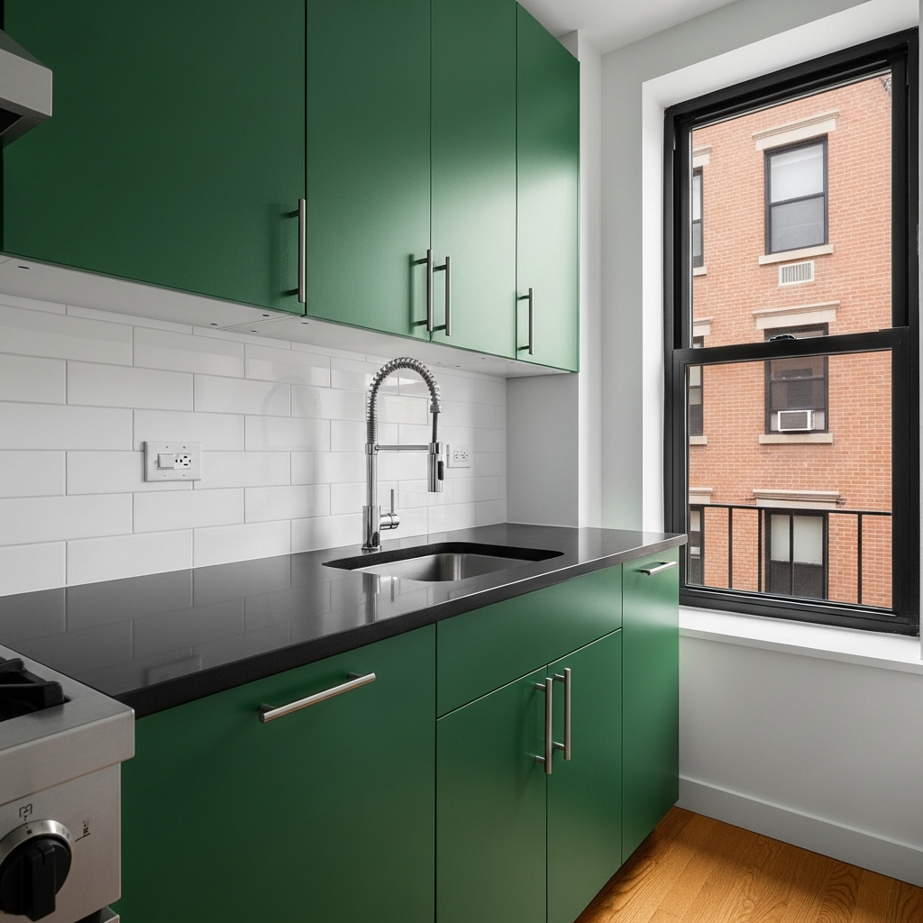 Sage green architectural film cabinet wrap in Manhattan kitchen