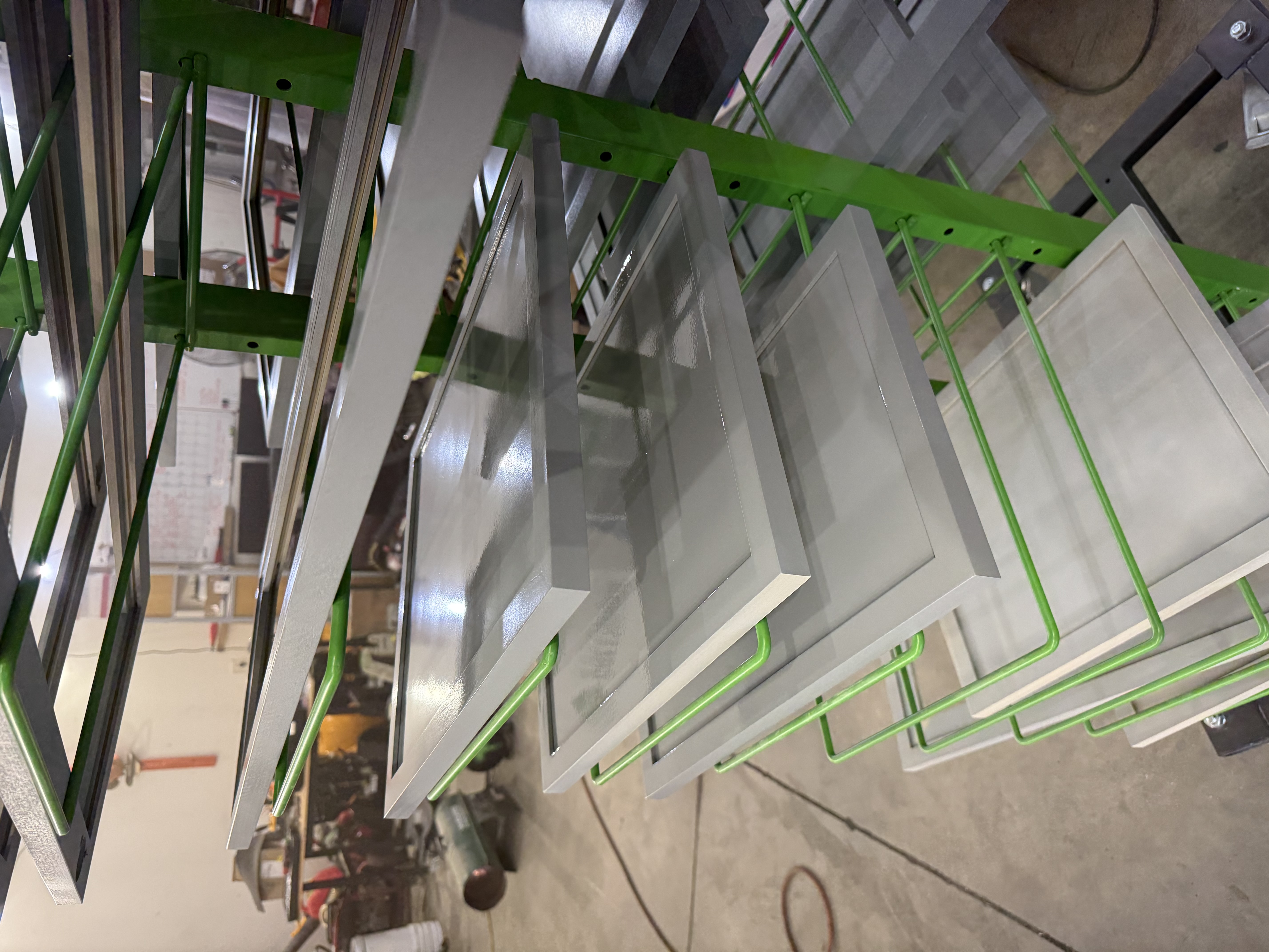 Doors curing on professional drying racks