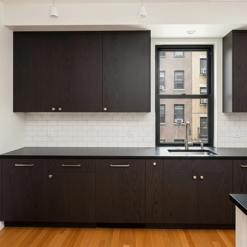 Dark wenge Bodaq vinyl wrap — NYC apartment kitchen