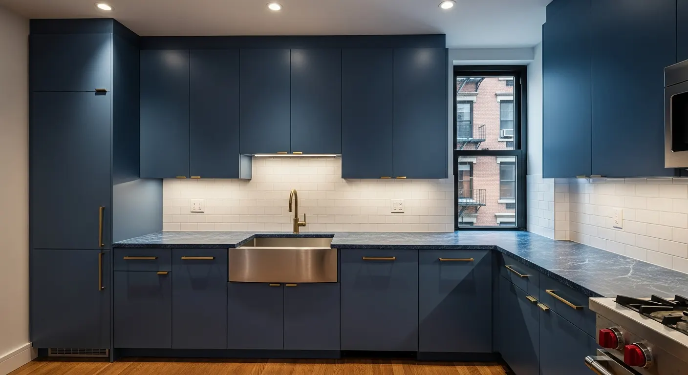 NYC navy blue kitchen cabinet wrap